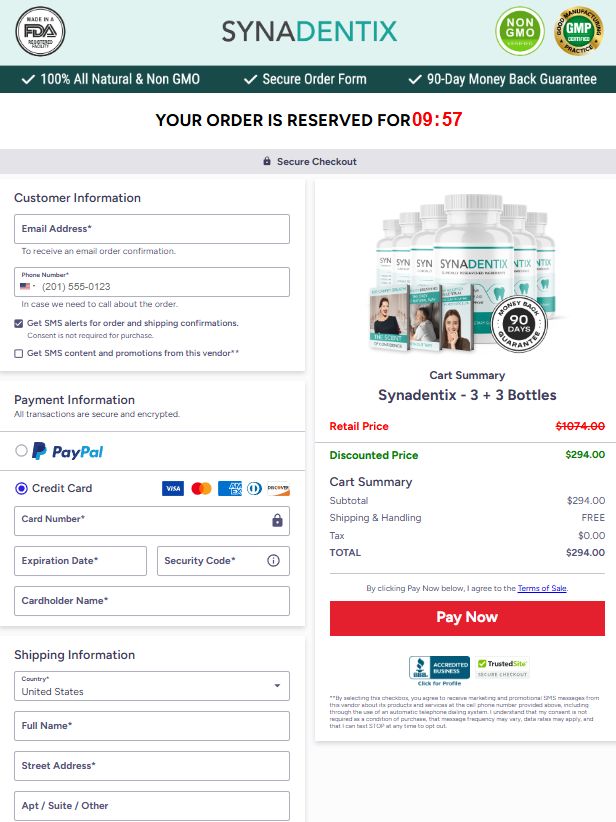 Synadentix secure checkout page with protected payment and order summary